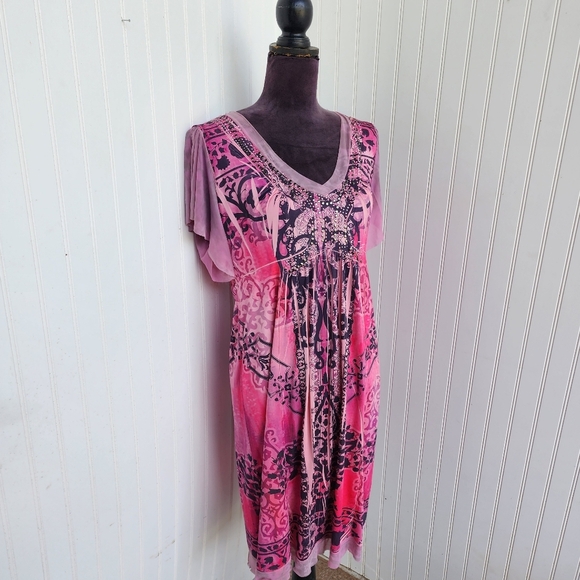 Cato Womens Dye Print Stretch Dress Studded Floral Paisley V-Neck Short Sleeve L - Picture 7 of 15